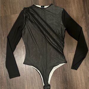SHEIN Black Long-Sleeve Mesh One-Piece Bodysuit